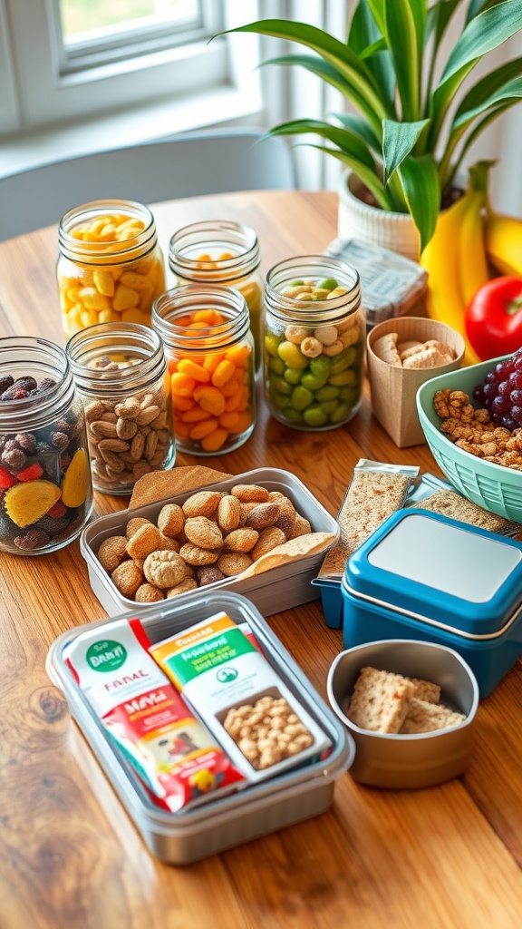 A collection of creative snack containers including mason jars, a bento box, and portable tins filled with varied snacks.